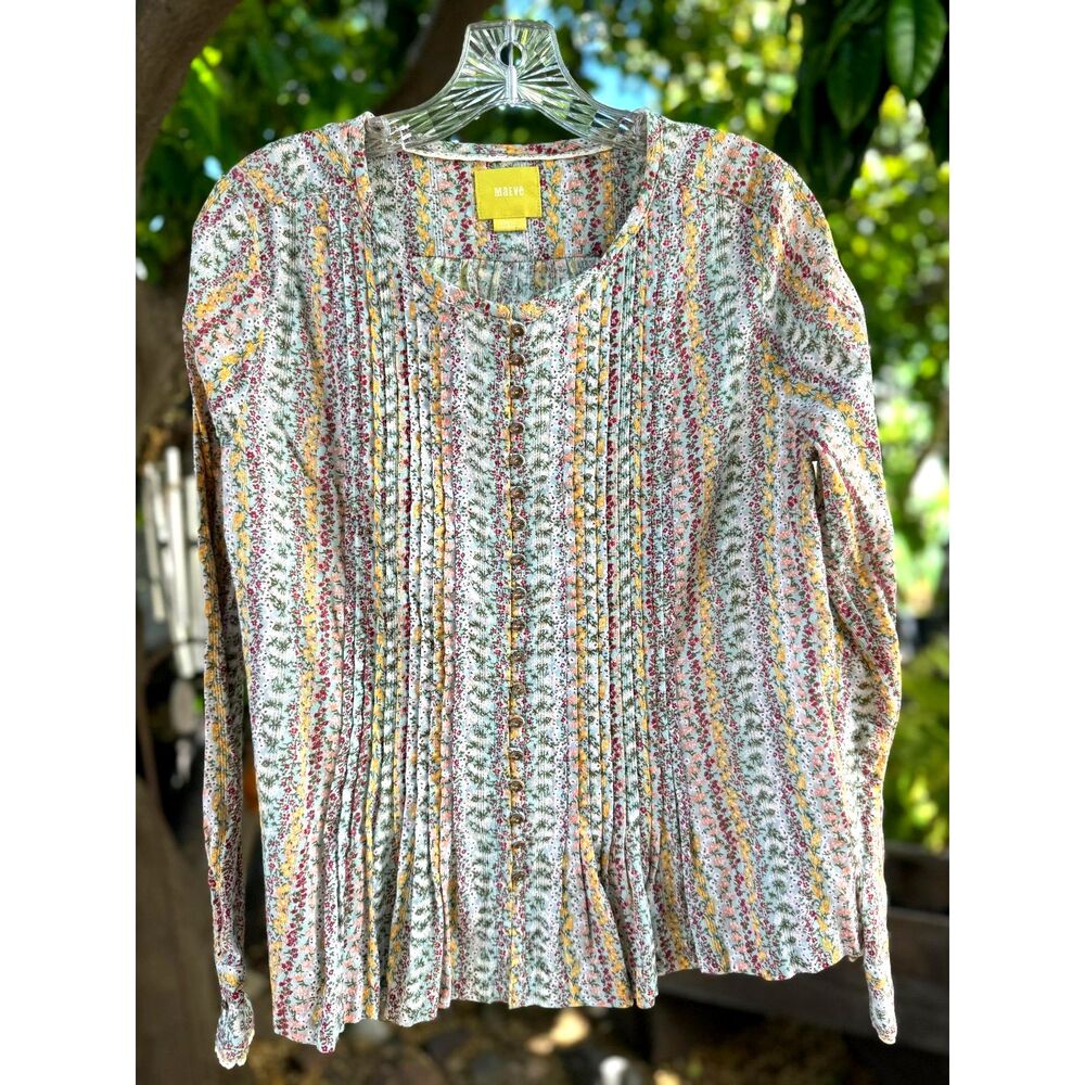 Anthropologie Maeve Gelise Floral Multicolor Cotton Pleat Button Front Top SZ S